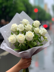 Wall Mural - Holding a large bouquet of flowers, Wrapped in white transparent paper, Some white roses in the middle, Traffic in the background