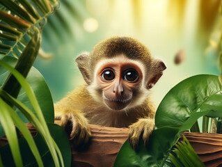 Wall Mural - Realistic photo monkey in Fresh exotic jungle background