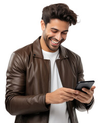 Young man smiling and looking at his smartphone, transparent background (PNG)