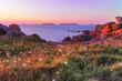 Colorful sunset on the Pink Granite Coast (Cote de Granite Rose) Ploumanach, Perros-Guirec, Brittany, France.