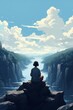 man sitting rock looking out river girl wearing headphones pattern west virginia flowing feeling streaming blues connected clear day mood