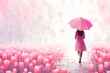 woman walking field pink tulips umbrella concept amaze cherry blossom rain everywhere begin again amazing stunning drawing defense shaded away