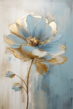 Large Blue Flower Gold Stem Golden Silver Color Contemporary Taupe Defense Paint Splash