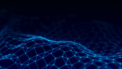 Wall Mural - digital hexagon dynamic wave of particles. abstract blue futuristic background. big data visualizati
