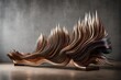 A metallic sculpture inspired by soundwaves, with undulating lines and curves representing different frequencies.