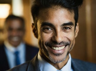 Wall Mural - Confident brunette, elegant professional businessman work at office, wearing suit, face closeup, success executive working