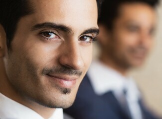 Canvas Print - Elegant Indian businessman work at office with coworkers, smiling face closeup, successful business teamwork concept.