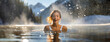 Young woman hardening the body, cold water therapy. Girl in bikini plunges into icy water in frozen lake ice hole. Boost the immune system and improve mental health.