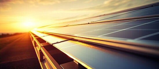 Poster - Close-up view of solar panels harnessing sunlight at sunset.