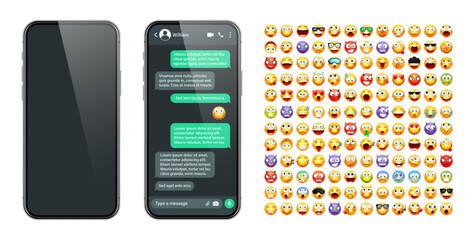 Smartphone messaging app, user interface with emoji. SMS text frame. Chat screen, green message bubbles. Texting app for communication. Social media application. Dark mode. Vector illustration