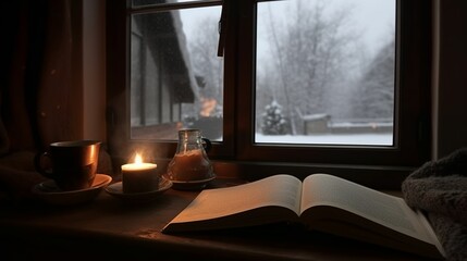 Wall Mural - Cozy and chilling time with a book, candle and a hot tea