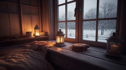 Wall Mural - Cozy reading corner with soft blanket, candles and a cup of coffee