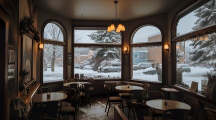 Wall Mural - Cozy coffee house interior in snowy weather, view to outside 