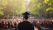 © GB - Graduate in his cap and gown walking at his graduation ceremony