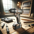A photo of a cordless electric drill with a modern design, placed on a wooden workbench, highlighting its portability and efficiency