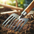 A photo of a sturdy garden fork with a wooden handle and metal prongs, placed outdoors, highlighting its durability for soil aeration and cultivation