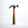 A neatly presented hammer with a wooden handle and metal head, isolated on a stark white background, emphasizing its simplicity and clarity