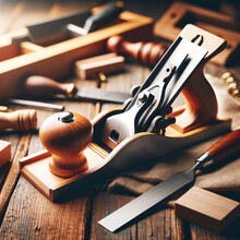 A Photo Of A Handheld Woodworking Plane With A Wooden Handle And Sharp Metal Blade, On A Wooden Workbench, Showcasing Precision In Woodworking