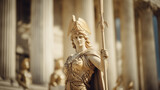 Ancient Greek goddess Athena Pallas statue in front of the Parthenon. Marble woman in helmet sculpture.