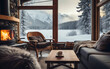 Cozy home with sofa and fireplace, panoramic windows and coffee, winter vibe concept