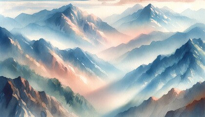 Ethereal watercolor mountains bathed in the soft light of dawn, with a harmonious blend of warm and cool tones creating a dreamy landscape. High quality illustration.