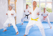 © JackF - In gym, karate class senior students independently perform basic movements and repeat to hold pose, learning technique of kata. Oriental martial arts, training and obtaining black belt