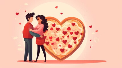 Canvas Print - Couple in love with heart shaped pizza, AI