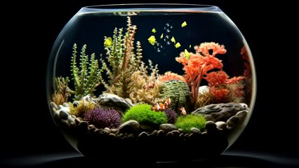 Sticker - fish in glass aquarium  with colorful coral in pure water video looping background