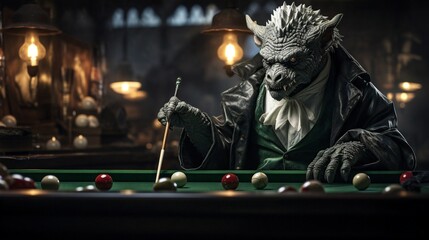  Christmas balls on the billiard table, using the rules of the billiard game, a young green dragon in a tailcoat with a cue breaks the balls.