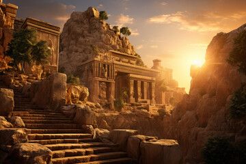 Wall Mural - The golden light of a setting sun illuminating an ancient temple ruins. Concept of historical sites and cultural heritage. Generative Ai.