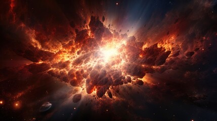 Wall Mural - Explosions in space with fiery flashes. A digital art representation of cosmic burst. Big cosmic explosion in space against the background of stars and galaxies.
