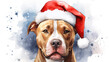 © Tepsarit - Watercolor painting of happy american pitbull terrier dog wearing Santa hat for christmas festival.