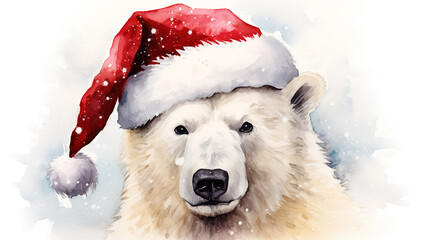 watercolor painting of polar bear wearing santa hat for christmas festival.