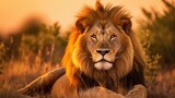Fototapeta Sawanna - Lion in jungle grassland, golden fur illuminated by the setting sun photography