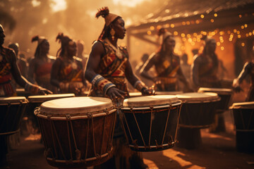 Sticker - The rhythmic beats of traditional drums echoing through a village, encapsulating the heartbeat of African musical heritage. Concept of cultural cadence. Generative Ai.