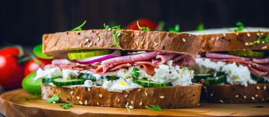 Wall Mural - Close-up of ham, cottage cheese, veggie, and herb sandwiches.