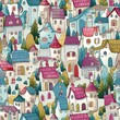 Enchanting Village Pathways: Whimsical Cobblestone and Colorful Houses Seamless Pattern