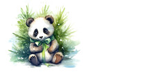 Cute Panda With A Green Bow Around His Neck Is Sitting Under A Christmas Tree. The Concept Of Christmas
