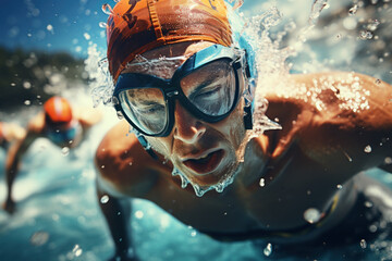 Wall Mural - Swimmers racing in a competitive swimming pool during a sports event. Concept of aquatic sports. Generative Ai.