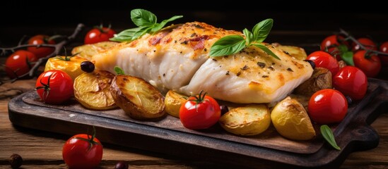 Wall Mural - Baked cod with potatoes and cherry tomatoes on a wooden table.