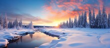 As The Sun Sets On A Winter's Day, The Snow-covered Landscape Transforms Into A Pristine White Canvas Under The Christmas Sky, Where Nature's Beauty Is Showcased Through The Majestic Forest And Its