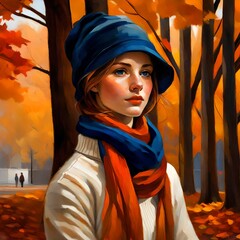 Wall Mural - vintage painting of a young woman on a sidewalk in the fall wearing  a cream white sweater. yellow orange and red leaves in the trees.