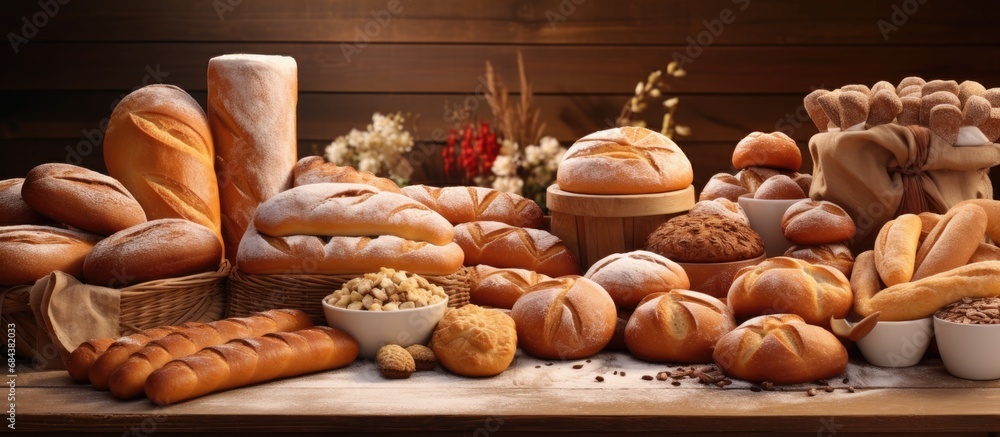 Assortment of freshly made baked goods including bars, baguette, buns ...