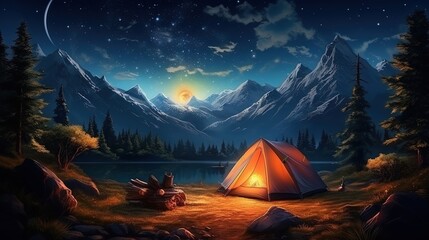 Poster - Family camping adventure: tent, bonfire and starry sky