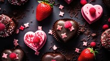 Sweet Dessert In The Shape Of A Heart Romantic Background. Beautiful Composition. Valentine's Day, Birthday, Happy Woman Day, Mother's Day. Holiday Poster And Banner