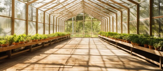 Sticker - Empty greenhouse interior on sunny day ready for seeding.