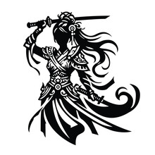 Chinese Fantasy Swordwoman Logo. Vector Illustarion