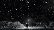 Night. Winter. A Man Stands With An Umbrella When It Snows At Night. Abstract  Animation With Snow.