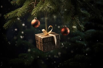 Wall Mural - Golden gift box with festive decoration on a Christmas tree