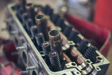 Heavy screw grungy rusted wrenches dirty screwdriver object. Industrial hardware set. Mechanic tools engineering equipment car auto repair shop with copy space. Blurred background mechanical service